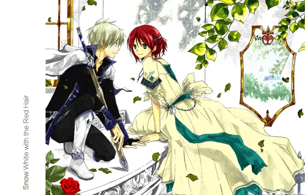 Картинка романтика, в саду, shirayuki, akagami no shirayukihime, Zen Wistaria, парень с девушкой, бальное платье, меч …