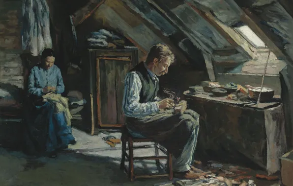 Картинка интерьер, картина, 1883, Максимильен Люс, Maximilien Luce, Сапожник на Мансарде