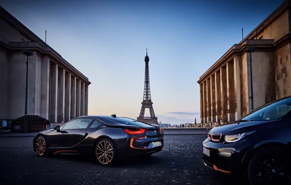 Картинка закат, Франция, Париж, вечер, BMW, пара, Эйфелева башня, BMW i3, BMW i8, 2019, Ultimate Sophisto …