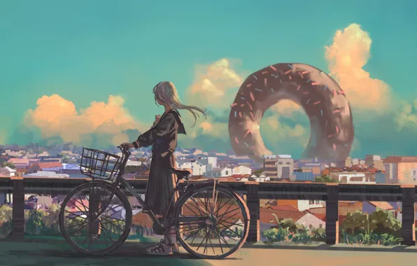 Картинка небо, девушка, велосипед, город, пончик
