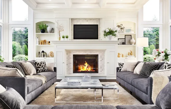 Картинка дизайн, стиль, комната, интерьер, камин, гостиная, Luxurious interior design living room and fireplac