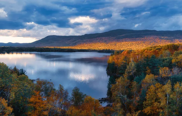 Картинка осень, лес, горы, озеро, Штат Мэн