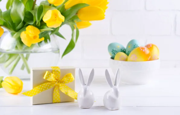 Картинка праздник, кролик, пасха, тюльпаны, фигурки, композиция, Irinka Vasilinka