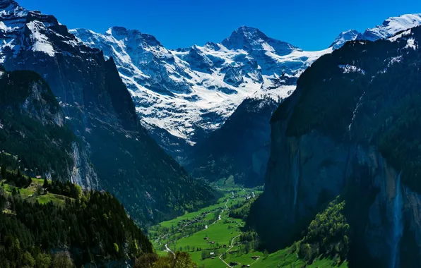 Картинка небо, снег, деревья, горы, природа, скалы, Швейцария, деревня, Бернские Альпы, Венген