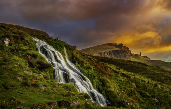 Картинка облака, пейзаж, горы, природа, водопад, утро, Шотландия