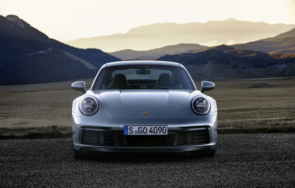 Картинка горы, купе, равнина, 911, Porsche, стоянка, вид спереди, Carrera 4S, 992, 2019