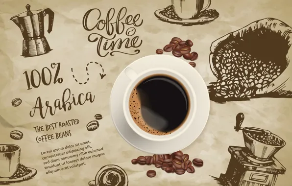 Картинка надписи, кофе, чашка, кофейные зерна