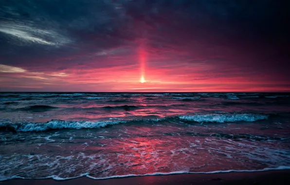 Картинка море, волны, пляж, небо, солнце, закат, тучи, отражение, берег, вечер, прибой, бриз, прилив