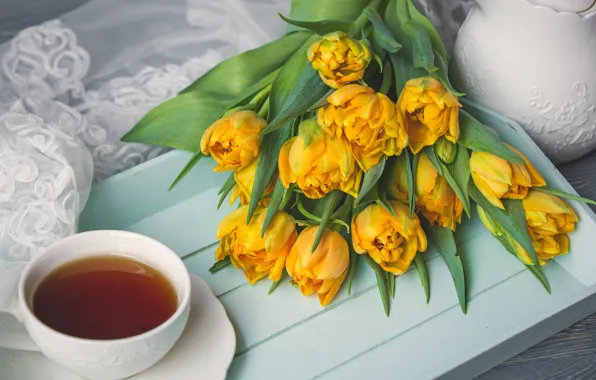 Картинка чай, букет, чашка, тюльпаны, поднос, романтический, Azerbaijan Stockers