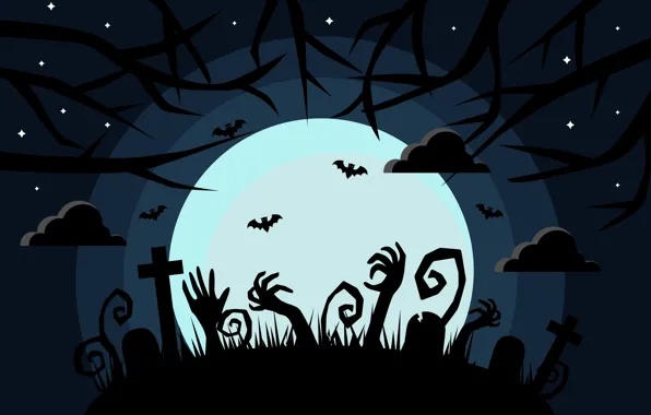 Картинка Ночь, Луна, Тучи, Halloween, Хеллоуин, Зомби, Кладбище, Страшно, Летучие мыши