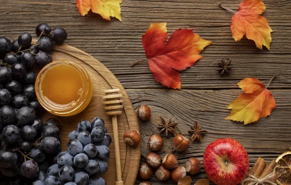 Картинка осень, листья, фон, доски, colorful, урожай, виноград, фрукты, орехи, мёд, клен, wood, autumn, leaves, фундук, …