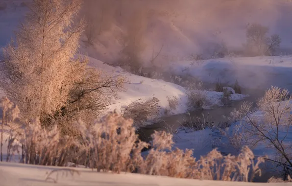 Картинка зима, снег, деревья, пейзаж, природа, туман, рассвет, мороз, берега, речушка, Алексей Богорянов