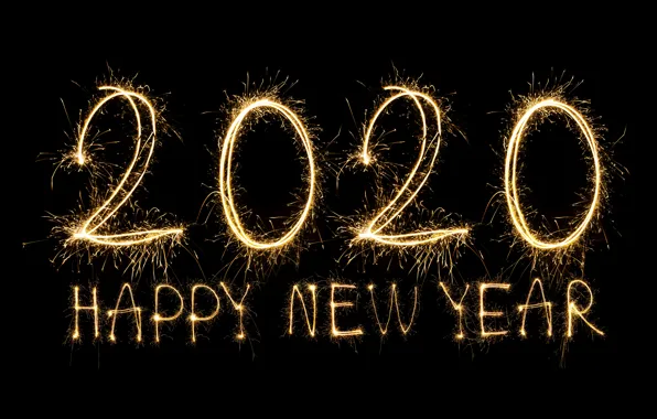 Картинка огни, салют, Новый Год, golden, черный фон, happy, New Year, fireworks, sparkle, 2020