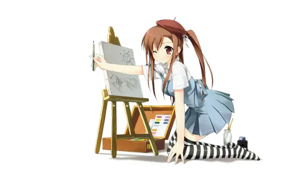 Картинка рисунок, школьница, берет, на коленях, мольберт, полосатые чулки, by kantoku