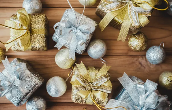 Картинка украшения, шары, Новый Год, Рождество, подарки, golden, Christmas, balls, wood, blue, New Year, gift, decoration, …