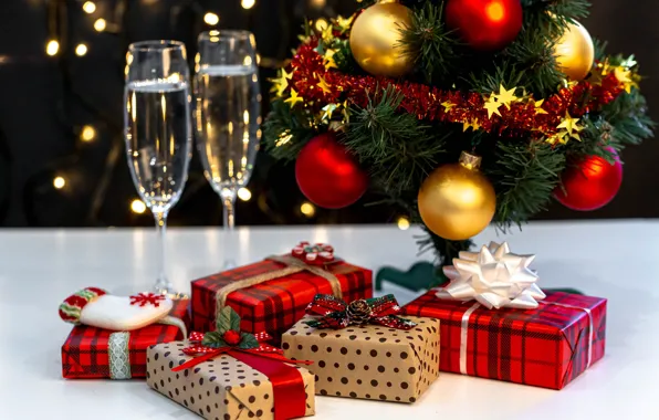 Картинка бокалы, Рождество, подарки, Новый год, шампанское, коробки