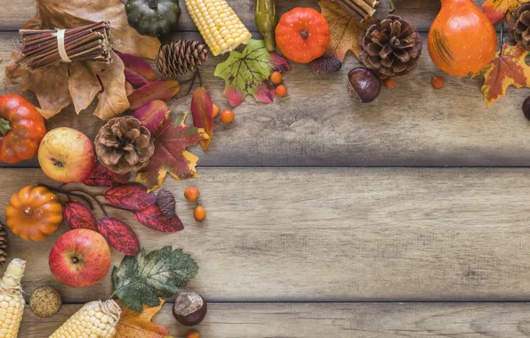 Картинка осень, листья, фон, яблоки, доски, colorful, тыква, wood, background, autumn, leaves, осенние, pumpkin, apples