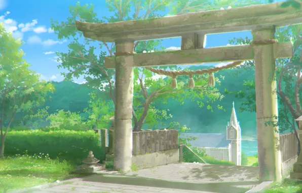 Картинка веревка, Япония, солнечный день, голубое небо, зелень листьев, ворота тории, by Sachiko15