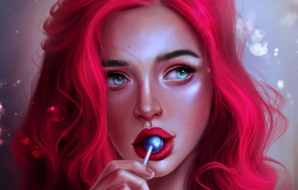 Картинка девушка, рисунок, еда, леденец, красивые, розовые волосы, SandraWinther
