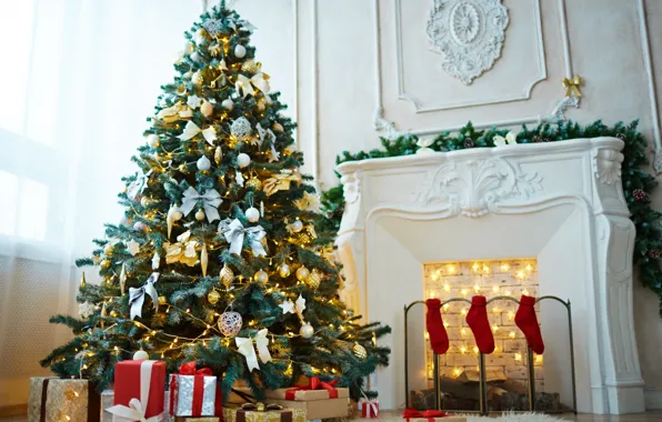 Картинка украшения, шары, елка, Новый Год, Рождество, подарки, камин, Christmas, balls, design, New Year, gift, room, …