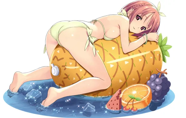 Картинка апельсин, виноград, ананас, в воде, надувной матрац, кубики льда, в бикини, лежащая девушка, by koutaro