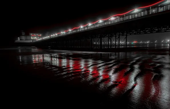 Картинка море, ночь, мост, берег, England, United Kingdom, North Somerset