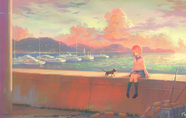 Картинка море, небо, котенок, чайки, корабли, девочка
