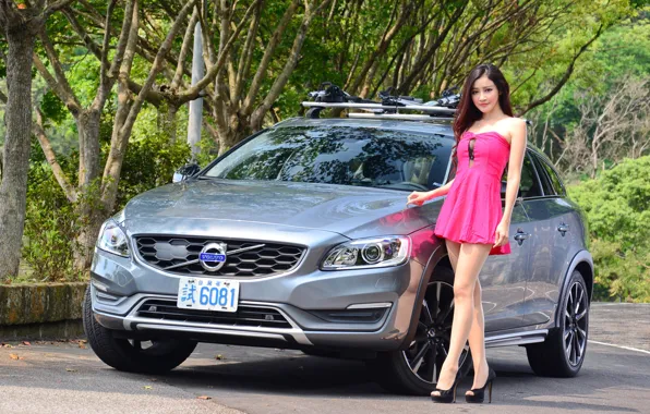 Картинка авто, взгляд, Девушки, красивая девушка, Volvo V60, позирует над машиной