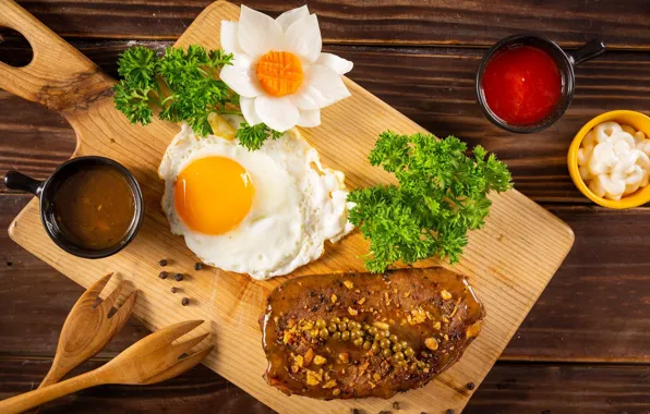 Картинка зелень, цветок, яйцо, завтрак, мясо, доска, стейк, соусы, деревянные вилки