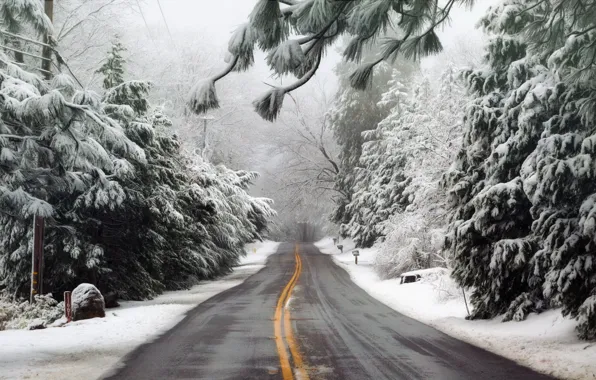 Картинка зима, дорога, лес, туман
