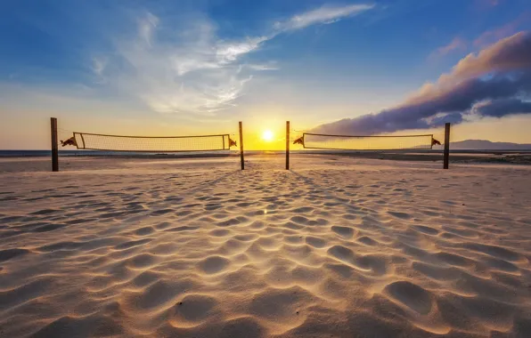 Картинка пляж, закат, волейбол