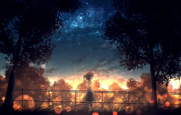 Картинка трава, деревья, ограда, Япония, девочка, школьница, прогулка, боке, вечернее небо, на фоне неба, звездное ночное …