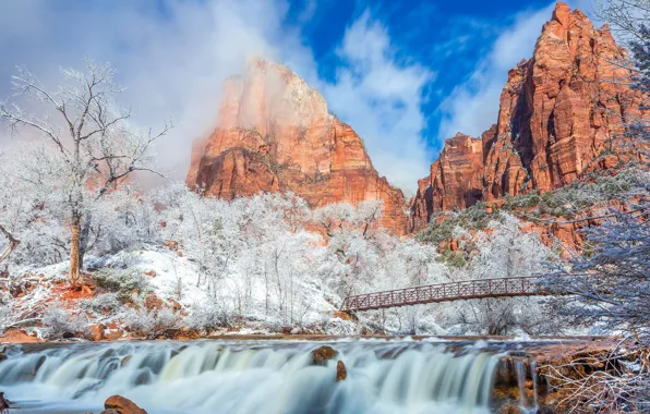 Картинка зима, небо, солнце, облака, снег, деревья, горы, мост, река, камни, скалы, водопад, Юта, США, Zion …