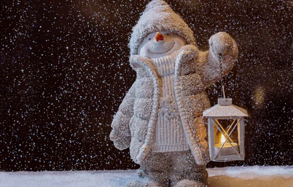 Картинка зима, снег, праздник, игрушка, Рождество, фонарь, Новый год, снеговик, снегопад, фигурка, новогодние игрушки