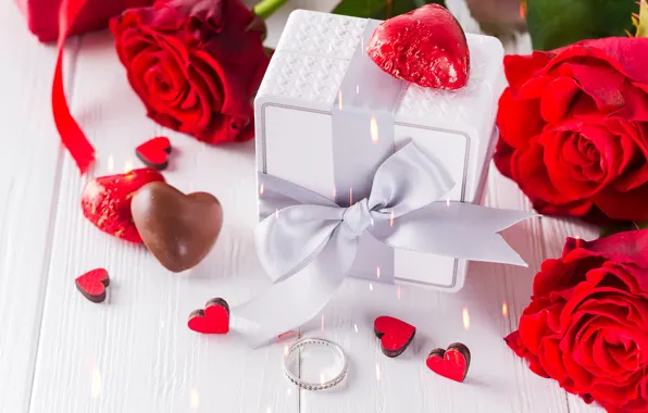 Картинка цветы, подарок, розы, букет, сердечки, красные, red, love, flowers, romantic, hearts, chocolate, valentine's day, roses, …