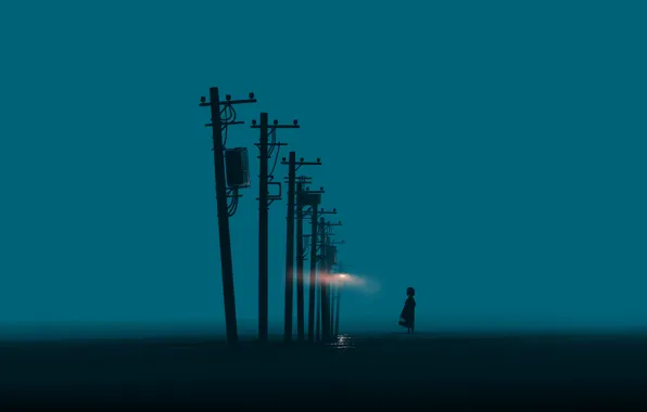 Картинка небо, вода, туман, столбы, девочка, постапокалипсис, by Gracile