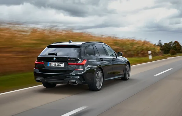 Картинка разметка, чёрный, растения, BMW, обочина, 3-series, универсал, 3er, 2020, 2019, G21, M340i xDrive Touring