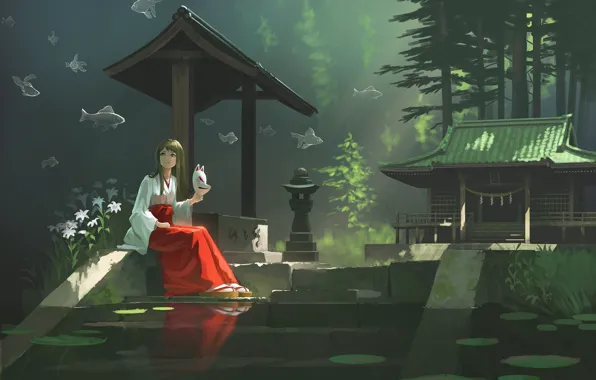 Картинка рыбки, тишина, Япония, маска, колодец, фонарь, храм, жрица, святилище, в лесу, сосновый лес, у пруда