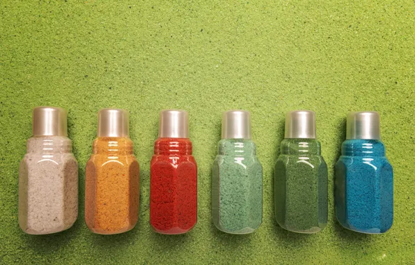 Картинка баночки, разноцветная, зеленый фон, спа, бутылочки, морская соль, соль дла ванны