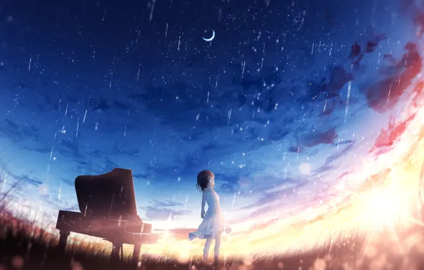 Картинка небо, закат, дождь, фэнтези, девочка, пианино, полумесяц