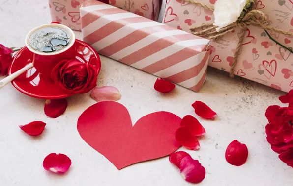 Картинка любовь, цветы, подарок, сердце, розы, лепестки, красные, red, love, heart, flowers, romantic, coffee cup, gift, …