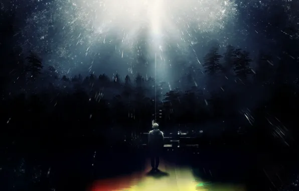 Картинка свет, деревья, ночь, фантастика, дождь, мужчина, by Y_Y