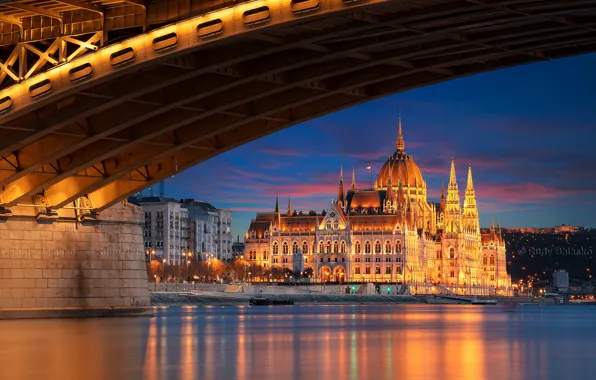 Картинка мост, река, здание, архитектура, ночной город, Венгрия, Hungary, Будапешт, Budapest, Мост Маргит, Danube River, Margaret …