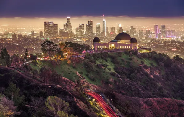 Картинка дорога, ночь, город, парк, здания, дома, освещение, США, Лос-Анджелес, Griffith Park, Гриффит парк