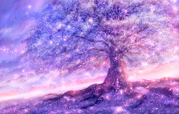 Картинка небо, девушка, природа, дерево, цветение