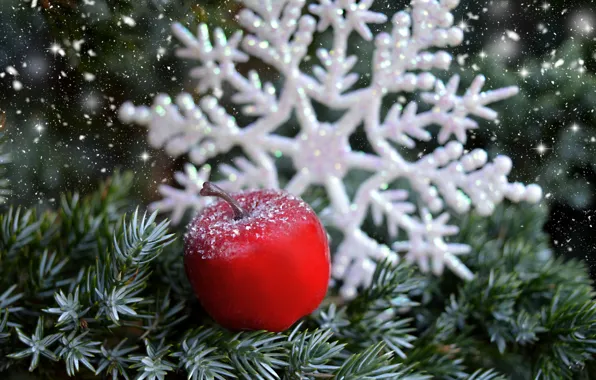 Картинка зима, снег, ветки, сияние, праздник, красное, яблоко, Рождество, Новый год, белая, ёлка, хвоя, снегопад, снежинка, …