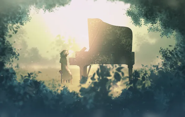 Картинка лес, рояль, девочка, by furi