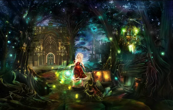 Картинка лес, девушка, замок, люстра, фонарь