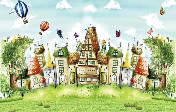 Картинка облака, деревья, бабочки, птицы, воздушные шары, рисунок, фея, арт, домики, сказочный город, летняя сказка