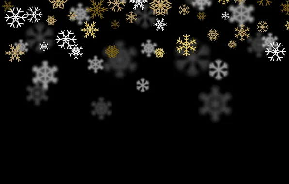 Картинка снежинки, фон, черный, белые, золотые
